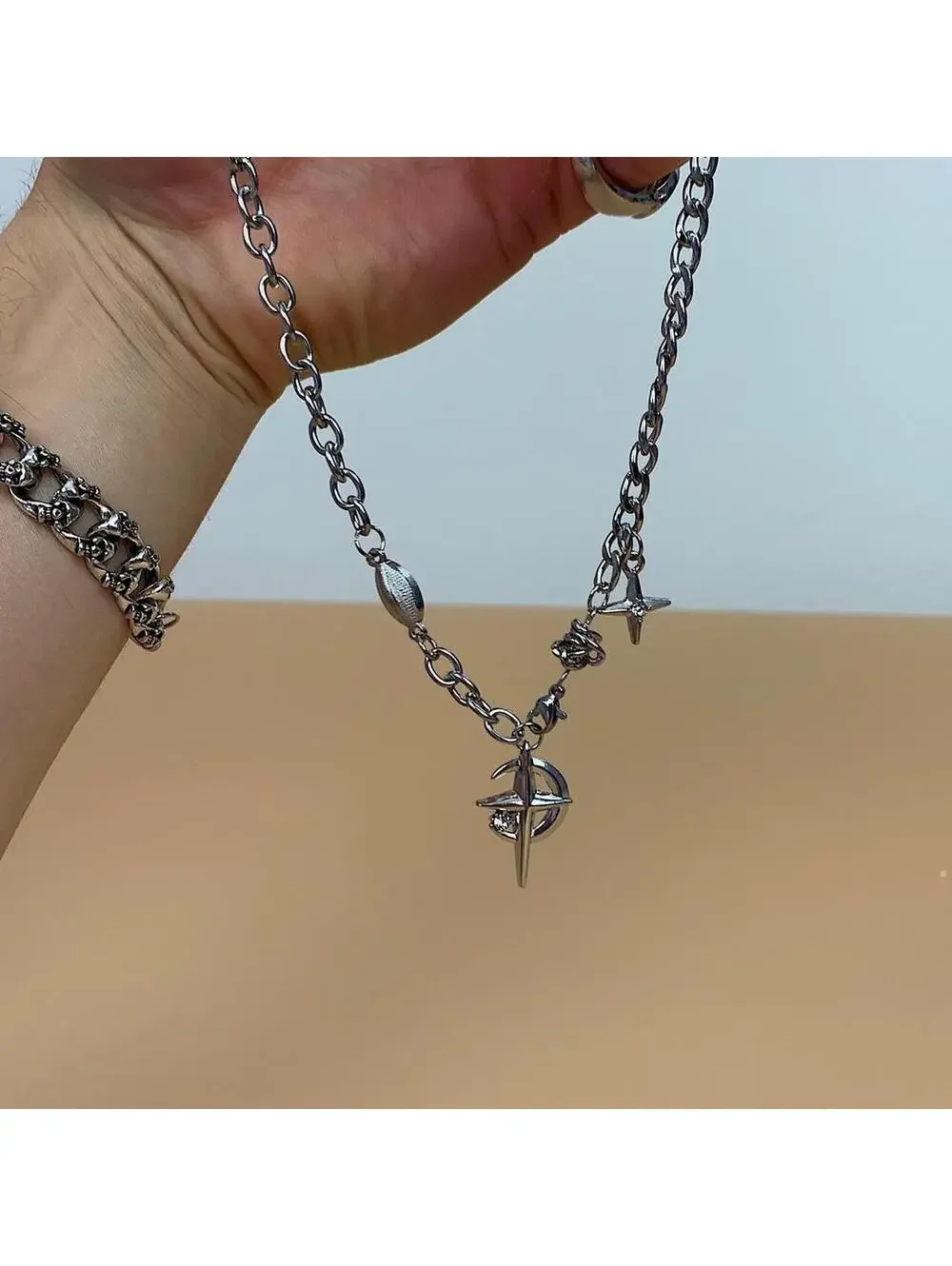 Y2k 2000s punk grunge crystal cross and opal pendant necklace chain. 20 inches